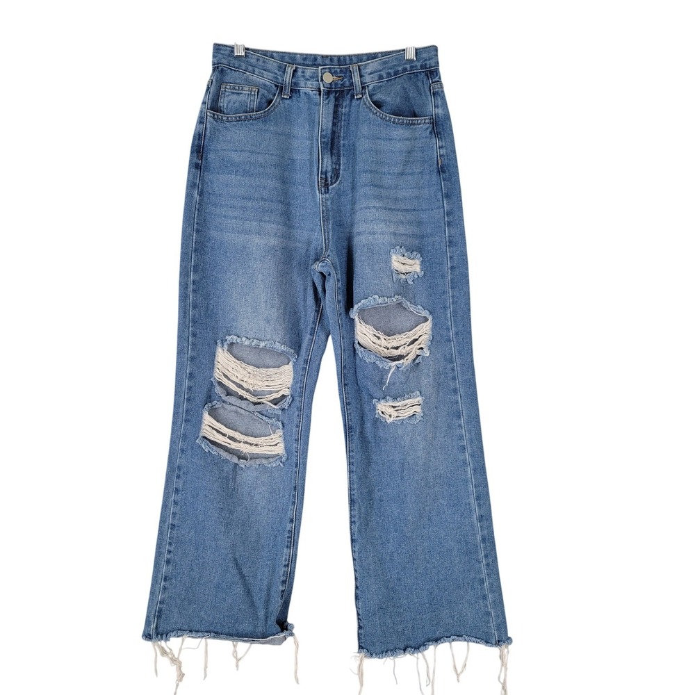 Cider High Rise Wide Leg Jeans Women Medium Blue Distressed Raw Hem Baggy